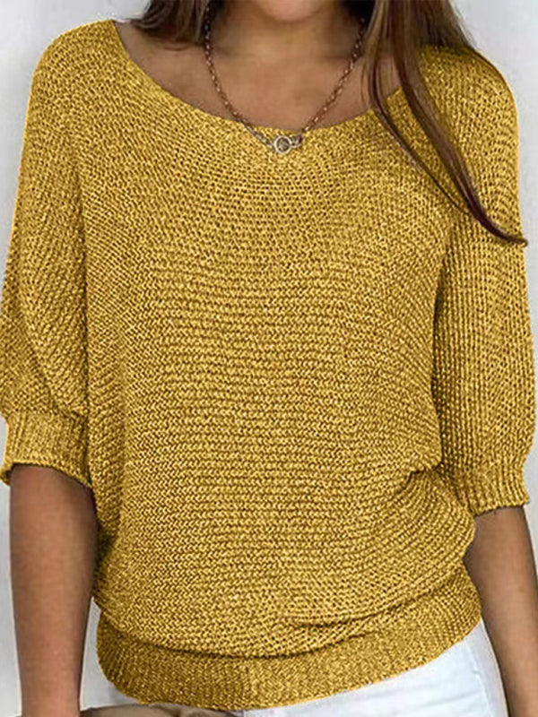 Blue Zone Planet | Women's round neck three-quarter sleeve knitted sweater-TOPS / DRESSES-[Adult]-[Female]-Yellow-S-2022 Online Blue Zone Planet