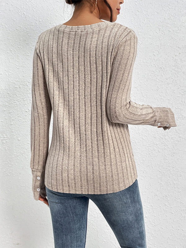 Women's new solid color long sleeve v-neck sweater BLUE ZONE PLANET