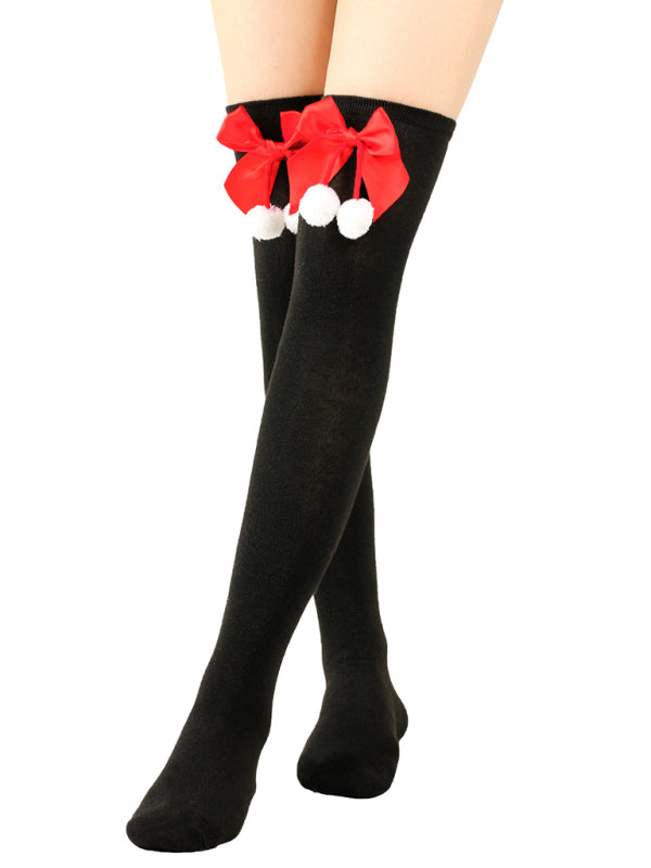 New bow Christmas socks ball socks over the knee socks women's long Christmas striped stockings-[Adult]-[Female]-Black-FREESIZE-2022 Online Blue Zone Planet