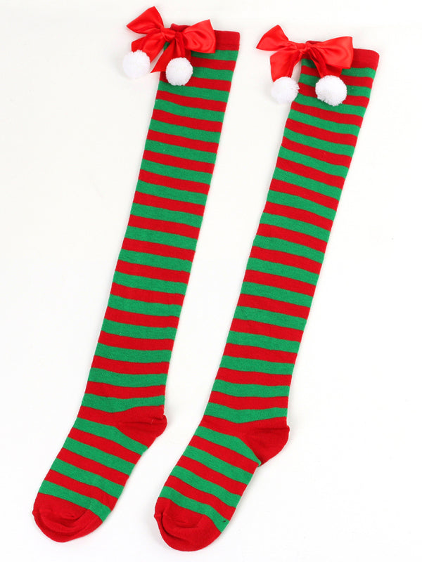 New bow Christmas socks ball socks over the knee socks women's long Christmas striped stockings-[Adult]-[Female]-2022 Online Blue Zone Planet