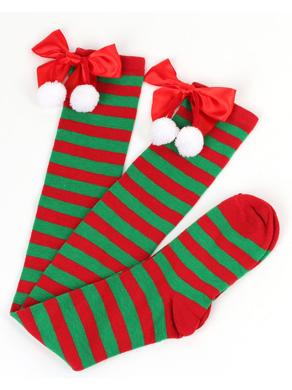 New bow Christmas socks ball socks over the knee socks women's long Christmas striped stockings-[Adult]-[Female]-2022 Online Blue Zone Planet