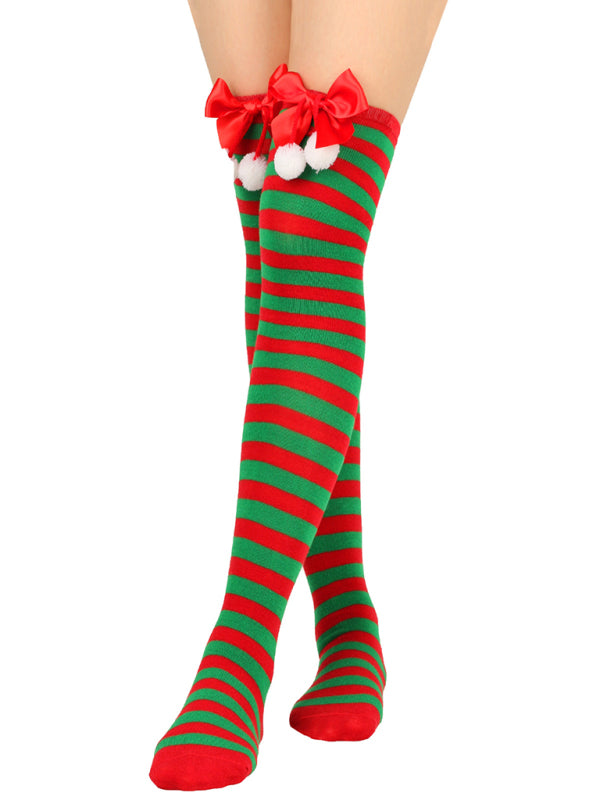 New bow Christmas socks ball socks over the knee socks women's long Christmas striped stockings-[Adult]-[Female]-Green-FREESIZE-2022 Online Blue Zone Planet