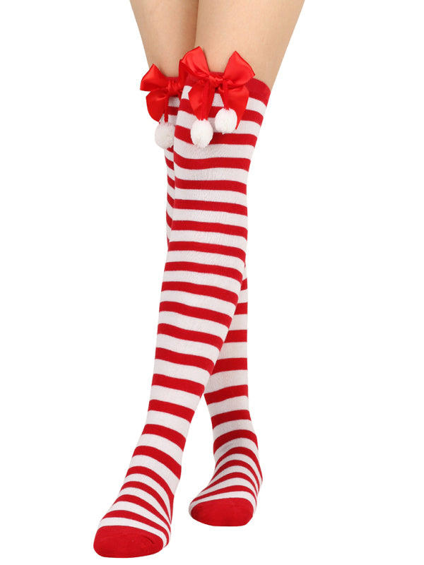 New bow Christmas socks ball socks over the knee socks women's long Christmas striped stockings-[Adult]-[Female]-Pattern1-FREESIZE-2022 Online Blue Zone Planet