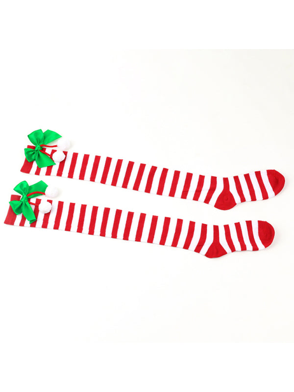 New bow Christmas socks ball socks over the knee socks women's long Christmas striped stockings-[Adult]-[Female]-2022 Online Blue Zone Planet