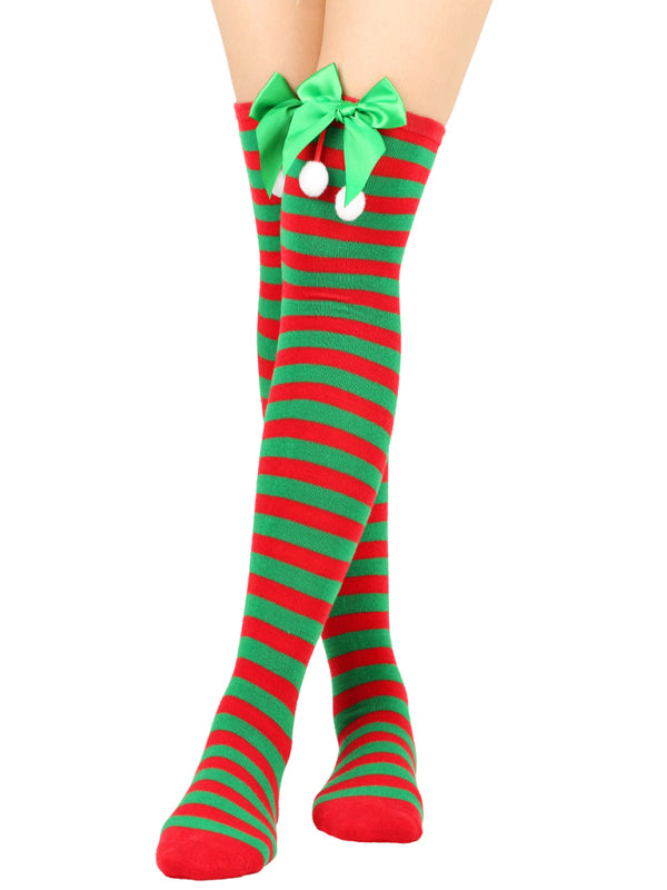 New bow Christmas socks ball socks over the knee socks women's long Christmas striped stockings-[Adult]-[Female]-Pattern-FREESIZE-2022 Online Blue Zone Planet