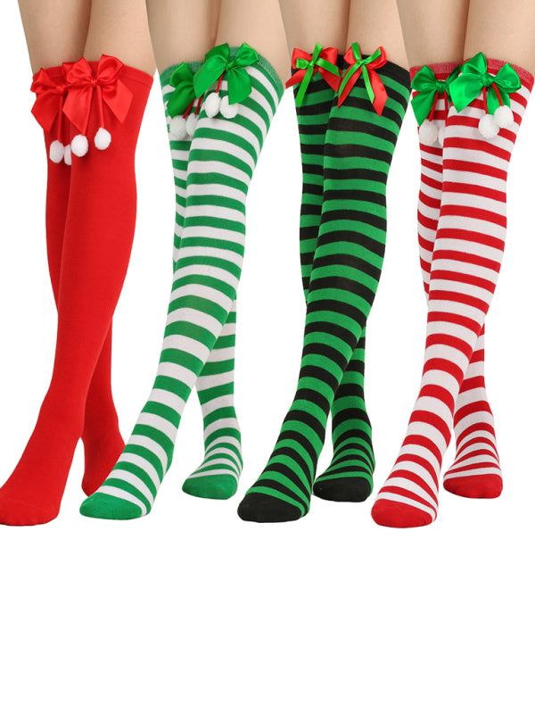 New bow Christmas socks ball socks over the knee socks women's long Christmas striped stockings-[Adult]-[Female]-Red-FREESIZE-2022 Online Blue Zone Planet