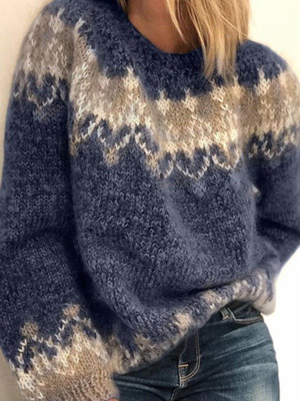 Elise's Casual Loose Mohair Jacquard Sweater-TOPS / DRESSES-[Adult]-[Female]-Blue-S-2022 Online Blue Zone Planet