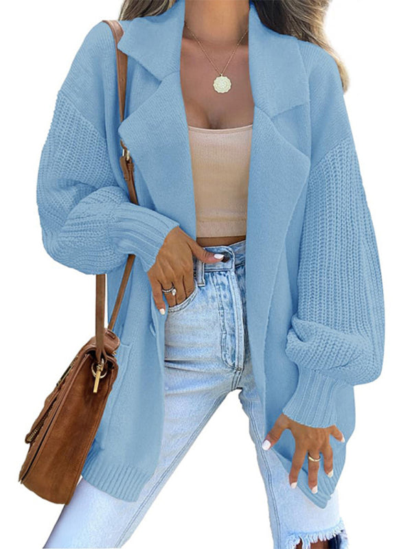 Blue Zone Planet |  Women's suit collar long sleeve knitted jacket cardigan BLUE ZONE PLANET