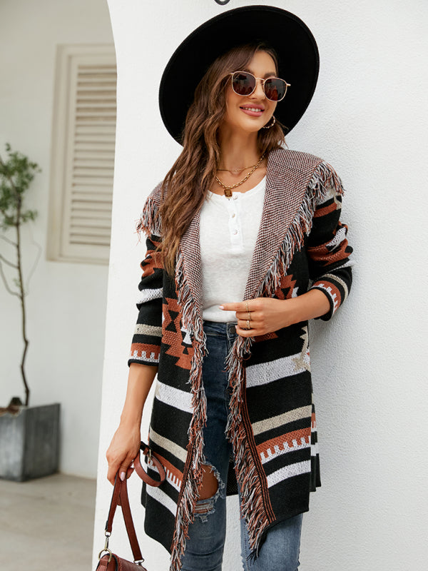 fringed geometric jacquard sweater cardigan BLUE ZONE PLANET