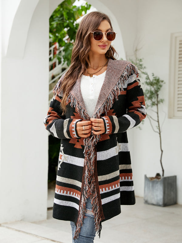 fringed geometric jacquard sweater cardigan BLUE ZONE PLANET