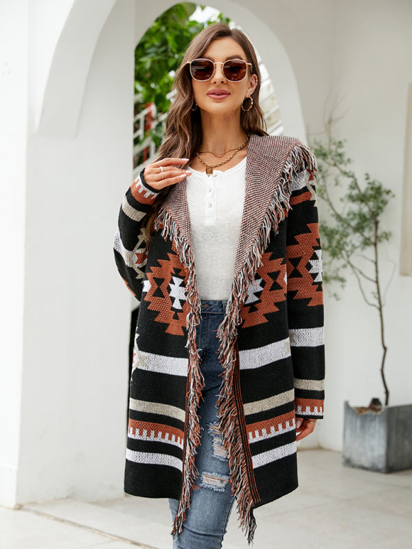 fringed geometric jacquard sweater cardigan BLUE ZONE PLANET