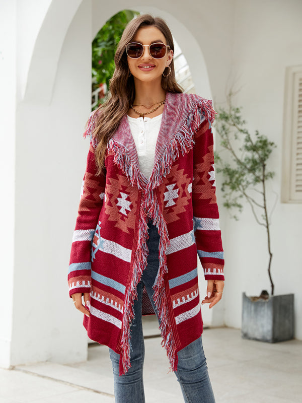 fringed geometric jacquard sweater cardigan BLUE ZONE PLANET