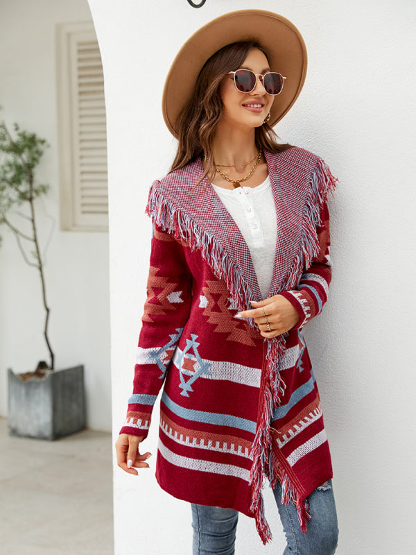 fringed geometric jacquard sweater cardigan BLUE ZONE PLANET