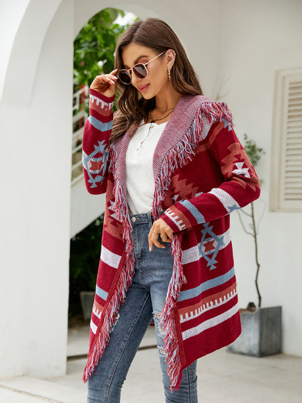 fringed geometric jacquard sweater cardigan BLUE ZONE PLANET