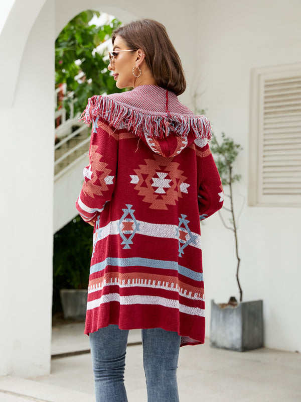 fringed geometric jacquard sweater cardigan BLUE ZONE PLANET