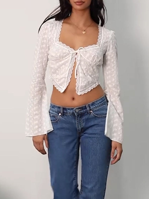 See-through Hollow Cardigan Top Lace-Up Short Irregular Long Sleeve Top BLUE ZONE PLANET