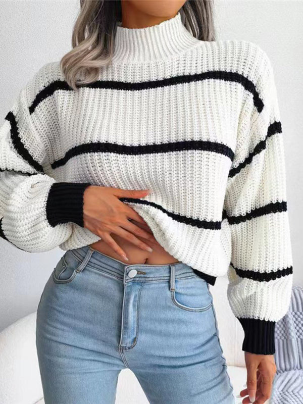 Striped Balloon Sleeve Turtleneck Sweater BLUE ZONE PLANET