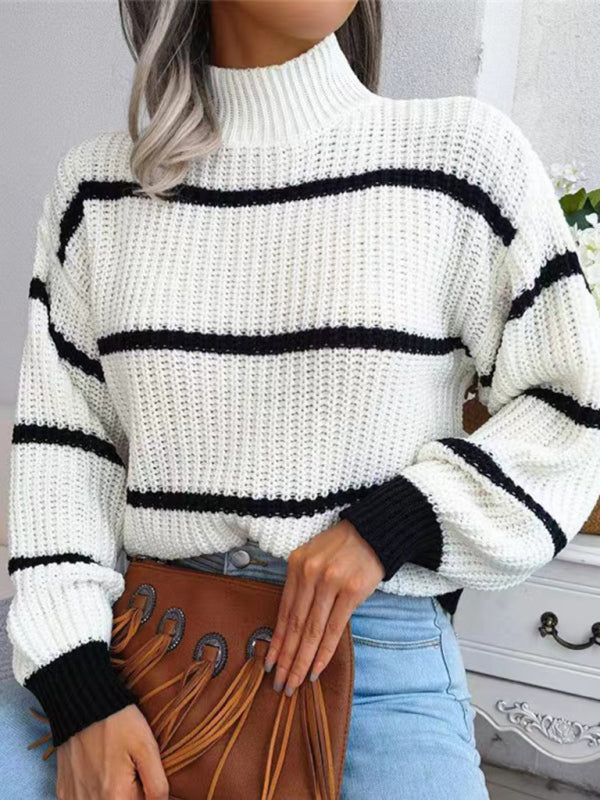 Striped Balloon Sleeve Turtleneck Sweater BLUE ZONE PLANET