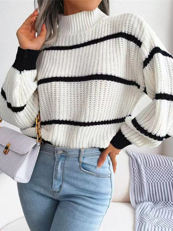 Striped Balloon Sleeve Turtleneck Sweater BLUE ZONE PLANET