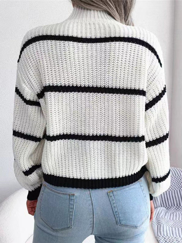 Striped Balloon Sleeve Turtleneck Sweater BLUE ZONE PLANET