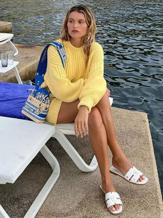 Carmen's Knitted Round Neck Long Sleeve Loose Sweater Casual Shorts Two-Piece Set-[Adult]-[Female]-Yellow-S-2022 Online Blue Zone Planet