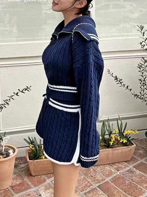 Blue Zone Planet | Twist Knit Sweater Large Lapel Short High Waist Drawstring Waist Contrast Color Trim Suit-TOPS / DRESSES-[Adult]-[Female]-2022 Online Blue Zone Planet