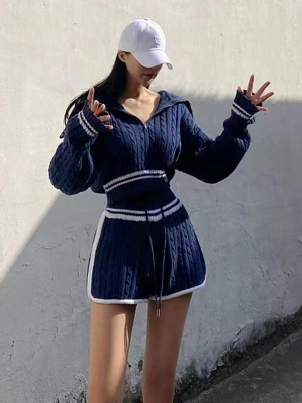 Blue Zone Planet | Twist Knit Sweater Large Lapel Short High Waist Drawstring Waist Contrast Color Trim Suit-TOPS / DRESSES-[Adult]-[Female]-2022 Online Blue Zone Planet
