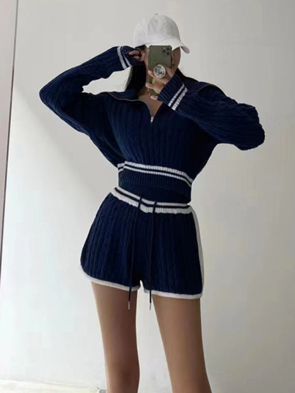 Blue Zone Planet | Twist Knit Sweater Large Lapel Short High Waist Drawstring Waist Contrast Color Trim Suit-TOPS / DRESSES-[Adult]-[Female]-2022 Online Blue Zone Planet