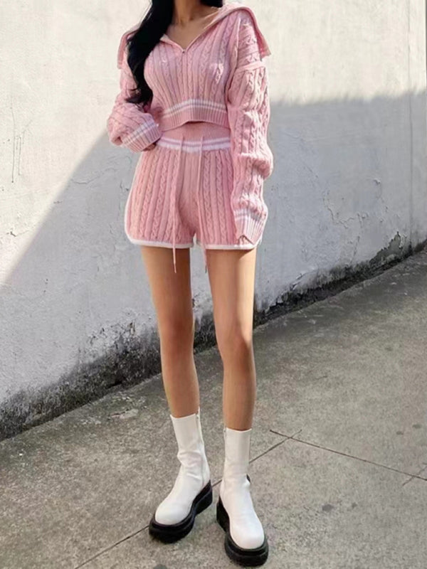 Blue Zone Planet | Twist Knit Sweater Large Lapel Short High Waist Drawstring Waist Contrast Color Trim Suit-TOPS / DRESSES-[Adult]-[Female]-2022 Online Blue Zone Planet