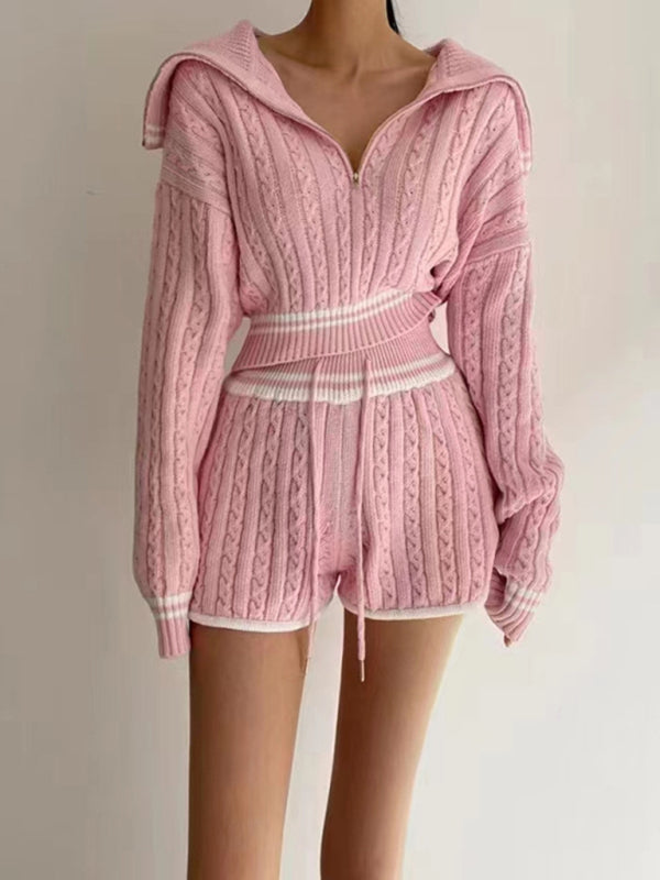 Blue Zone Planet | Twist Knit Sweater Large Lapel Short High Waist Drawstring Waist Contrast Color Trim Suit-TOPS / DRESSES-[Adult]-[Female]-Pink-FREESIZE-2022 Online Blue Zone Planet