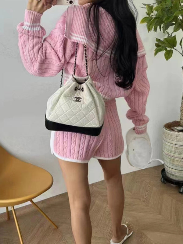Blue Zone Planet | Twist Knit Sweater Large Lapel Short High Waist Drawstring Waist Contrast Color Trim Suit-TOPS / DRESSES-[Adult]-[Female]-2022 Online Blue Zone Planet