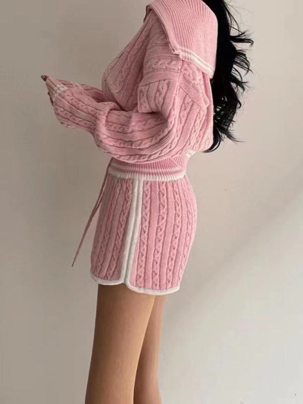 Blue Zone Planet | Twist Knit Sweater Large Lapel Short High Waist Drawstring Waist Contrast Color Trim Suit-TOPS / DRESSES-[Adult]-[Female]-2022 Online Blue Zone Planet