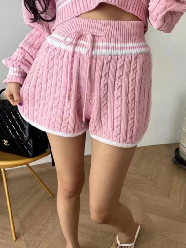 Blue Zone Planet | Twist Knit Sweater Large Lapel Short High Waist Drawstring Waist Contrast Color Trim Suit-TOPS / DRESSES-[Adult]-[Female]-2022 Online Blue Zone Planet