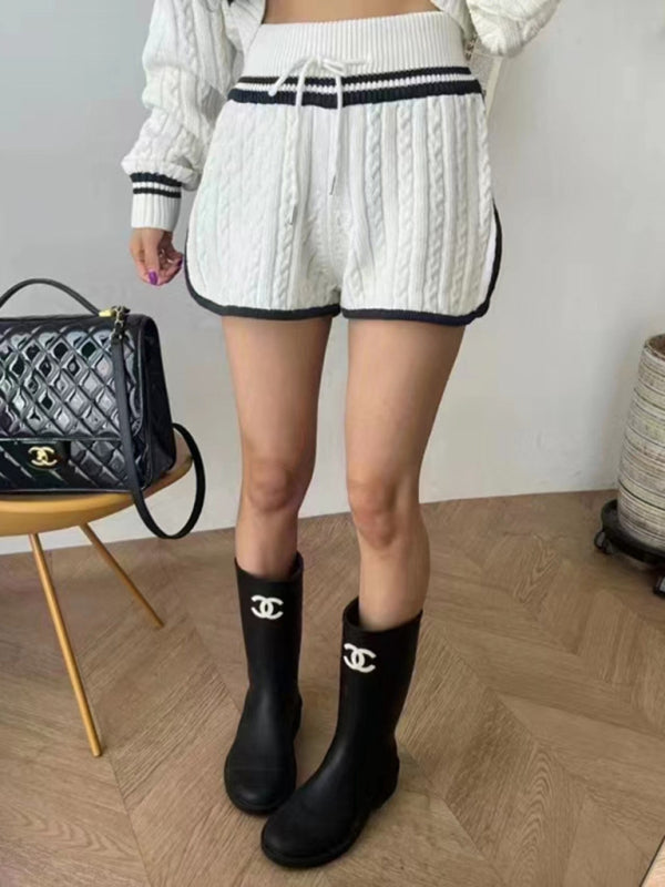 Blue Zone Planet | Twist Knit Sweater Large Lapel Short High Waist Drawstring Waist Contrast Color Trim Suit-TOPS / DRESSES-[Adult]-[Female]-2022 Online Blue Zone Planet