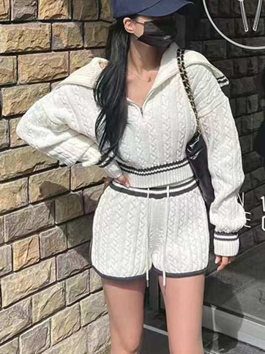 Blue Zone Planet | Twist Knit Sweater Large Lapel Short High Waist Drawstring Waist Contrast Color Trim Suit-TOPS / DRESSES-[Adult]-[Female]-White-FREESIZE-2022 Online Blue Zone Planet