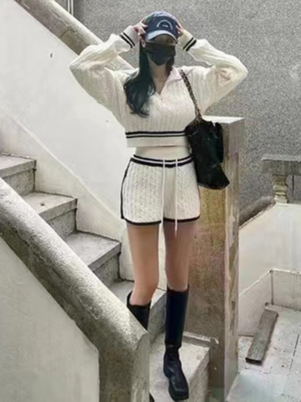 Blue Zone Planet | Twist Knit Sweater Large Lapel Short High Waist Drawstring Waist Contrast Color Trim Suit-TOPS / DRESSES-[Adult]-[Female]-2022 Online Blue Zone Planet