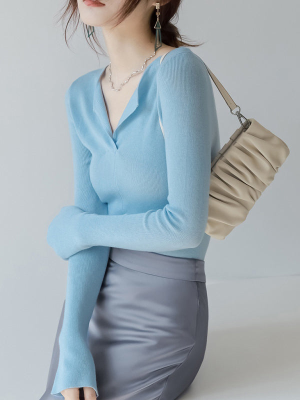 V-neck slim long-sleeved knitted top BLUE ZONE PLANET