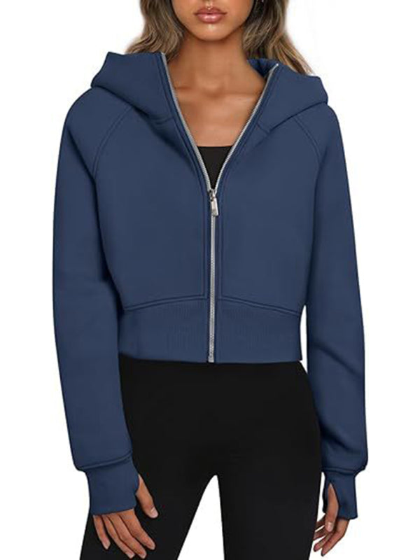 Blue Zone Planet | Hooded zipper short fleece long-sleeved sweatshirt-TOPS / DRESSES-[Adult]-[Female]-2022 Online Blue Zone Planet