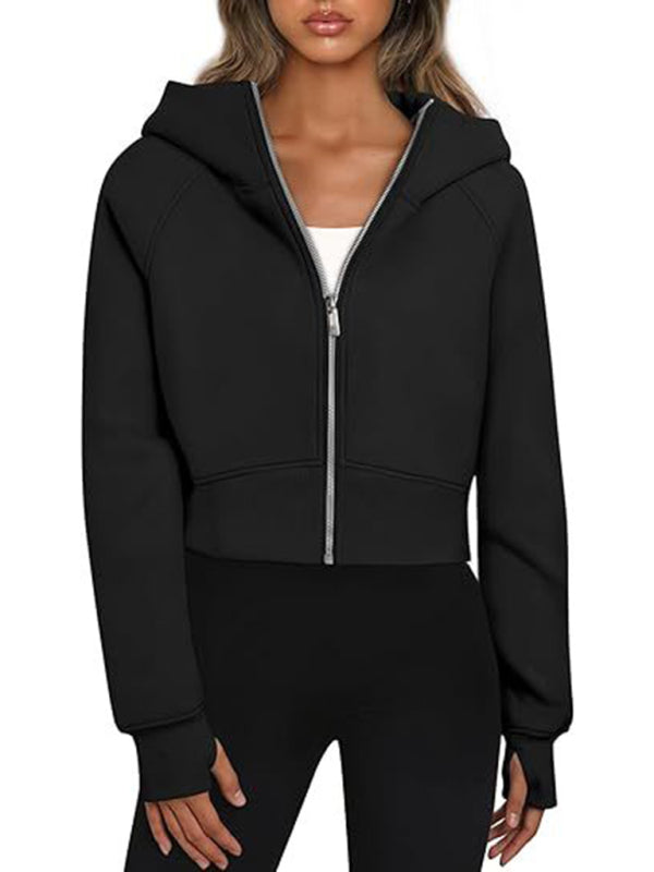 Blue Zone Planet | Hooded zipper short fleece long-sleeved sweatshirt-TOPS / DRESSES-[Adult]-[Female]-Black-S-2022 Online Blue Zone Planet