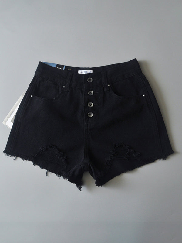 Women's high-waisted buttoned-up washed ripped raw edge denim shorts hot pants-TOPS / DRESSES-[Adult]-[Female]-Black-S-2022 Online Blue Zone Planet