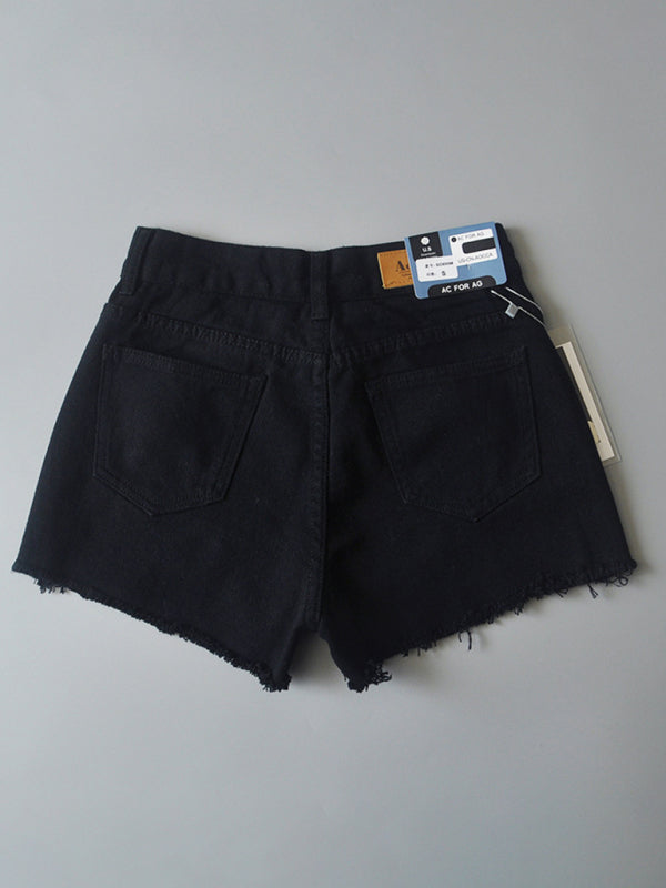 Women's high-waisted buttoned-up washed ripped raw edge denim shorts hot pants-TOPS / DRESSES-[Adult]-[Female]-2022 Online Blue Zone Planet