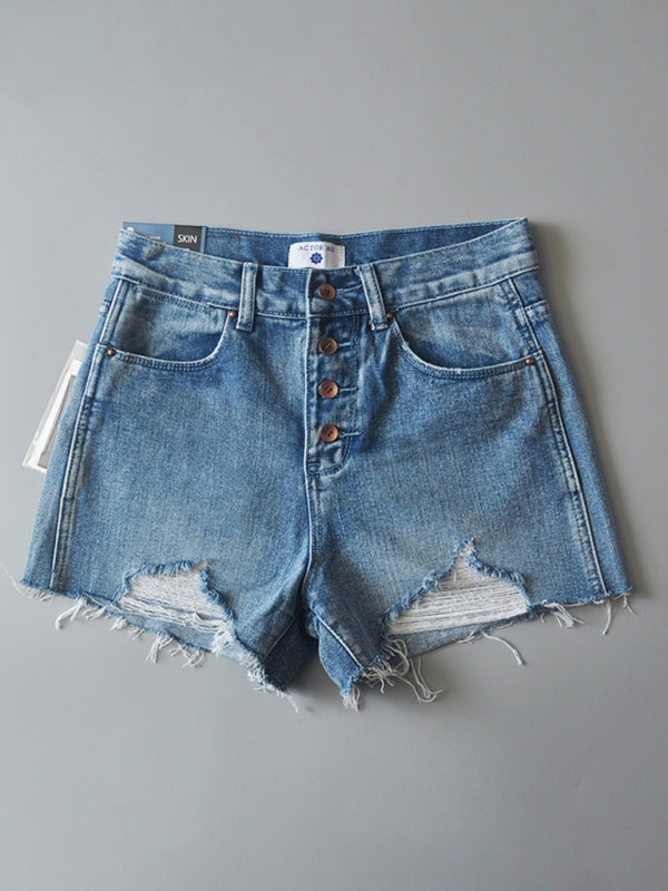 Women's high-waisted buttoned-up washed ripped raw edge denim shorts hot pants-TOPS / DRESSES-[Adult]-[Female]-Clear blue-S-2022 Online Blue Zone Planet