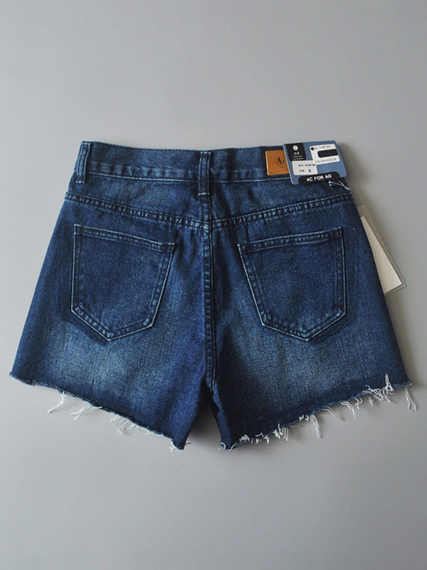 Women's high-waisted buttoned-up washed ripped raw edge denim shorts hot pants-TOPS / DRESSES-[Adult]-[Female]-2022 Online Blue Zone Planet