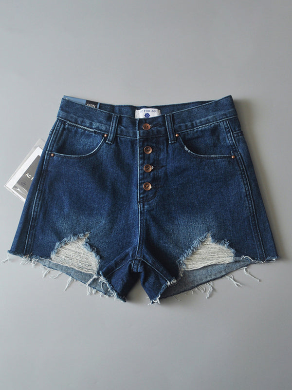 Women's high-waisted buttoned-up washed ripped raw edge denim shorts hot pants-TOPS / DRESSES-[Adult]-[Female]-Dark blue-S-2022 Online Blue Zone Planet