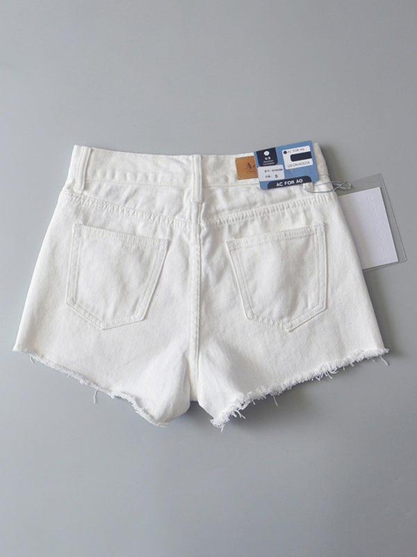 Women's high-waisted buttoned-up washed ripped raw edge denim shorts hot pants-TOPS / DRESSES-[Adult]-[Female]-2022 Online Blue Zone Planet