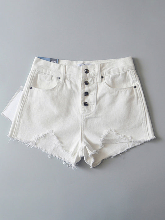 Women's high-waisted buttoned-up washed ripped raw edge denim shorts hot pants-TOPS / DRESSES-[Adult]-[Female]-White-S-2022 Online Blue Zone Planet