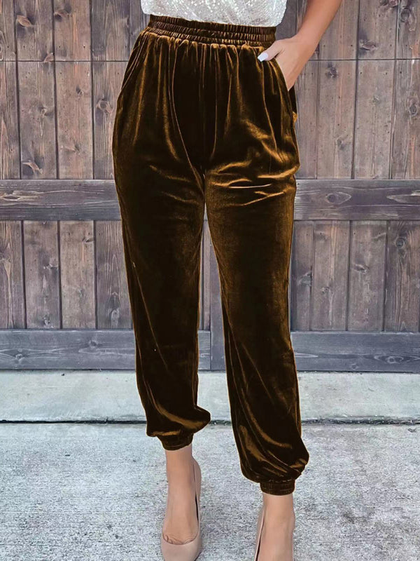 solid color elastic waist straight pants-[Adult]-[Female]-Dark Brown-S-2022 Online Blue Zone Planet