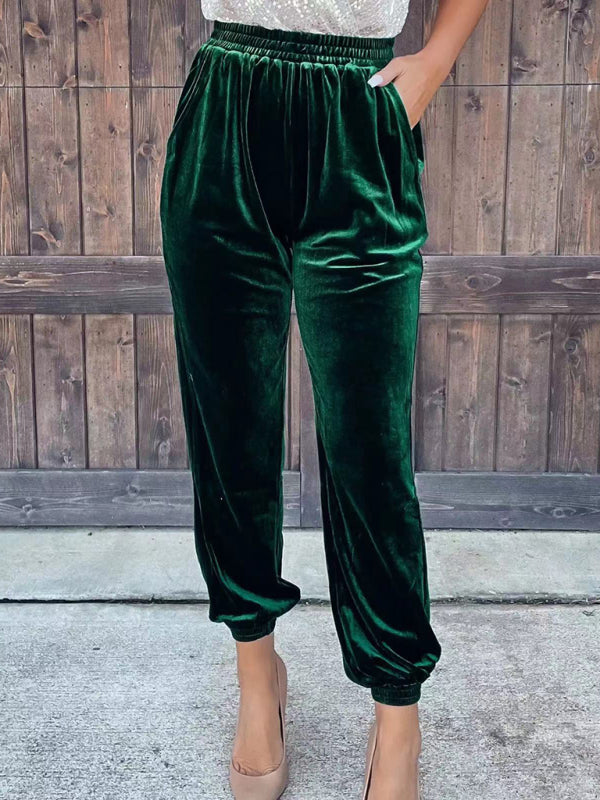 solid color elastic waist straight pants-[Adult]-[Female]-Green-S-2022 Online Blue Zone Planet