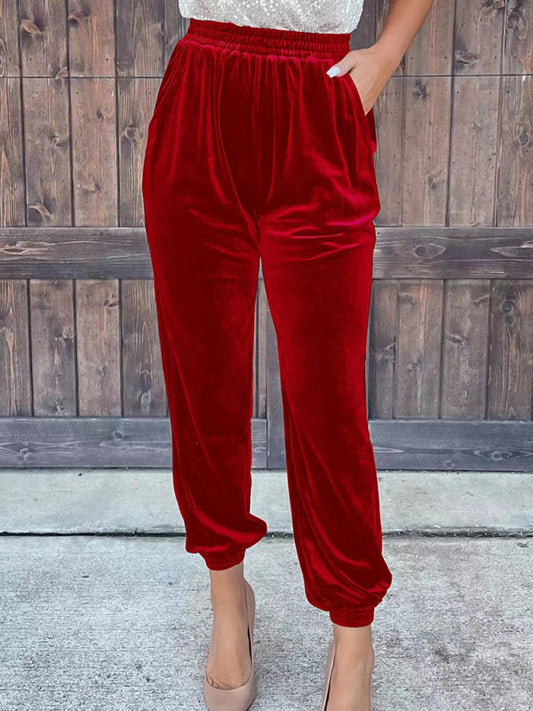 solid color elastic waist straight pants-[Adult]-[Female]-Red-S-2022 Online Blue Zone Planet