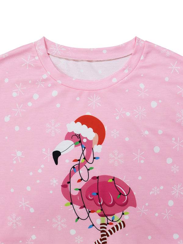 Women's New Christmas Flamingo Print Round Neck Long Sleeve Sweatshirt-[Adult]-[Female]-2022 Online Blue Zone Planet